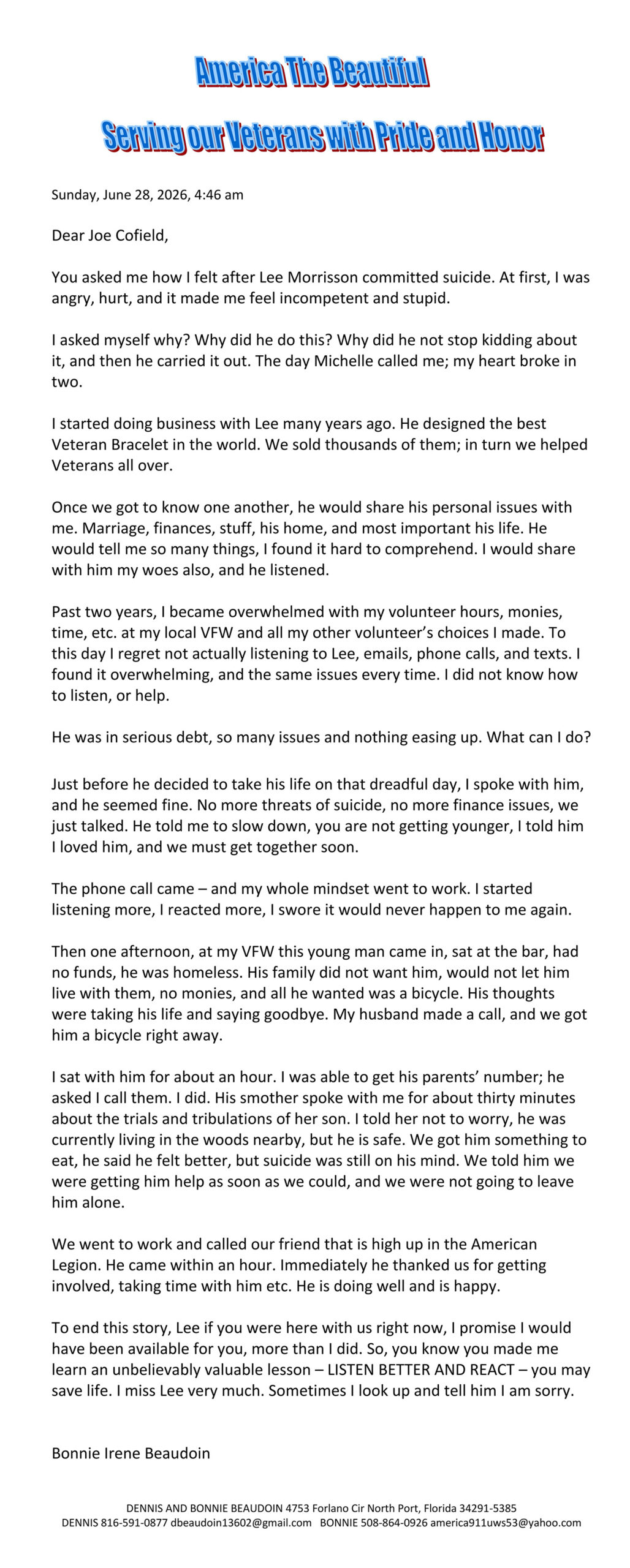 Lee Morrison - Letter from Bonnie Beaudoin Semiquincentennial Celebration - May - Memorial Day